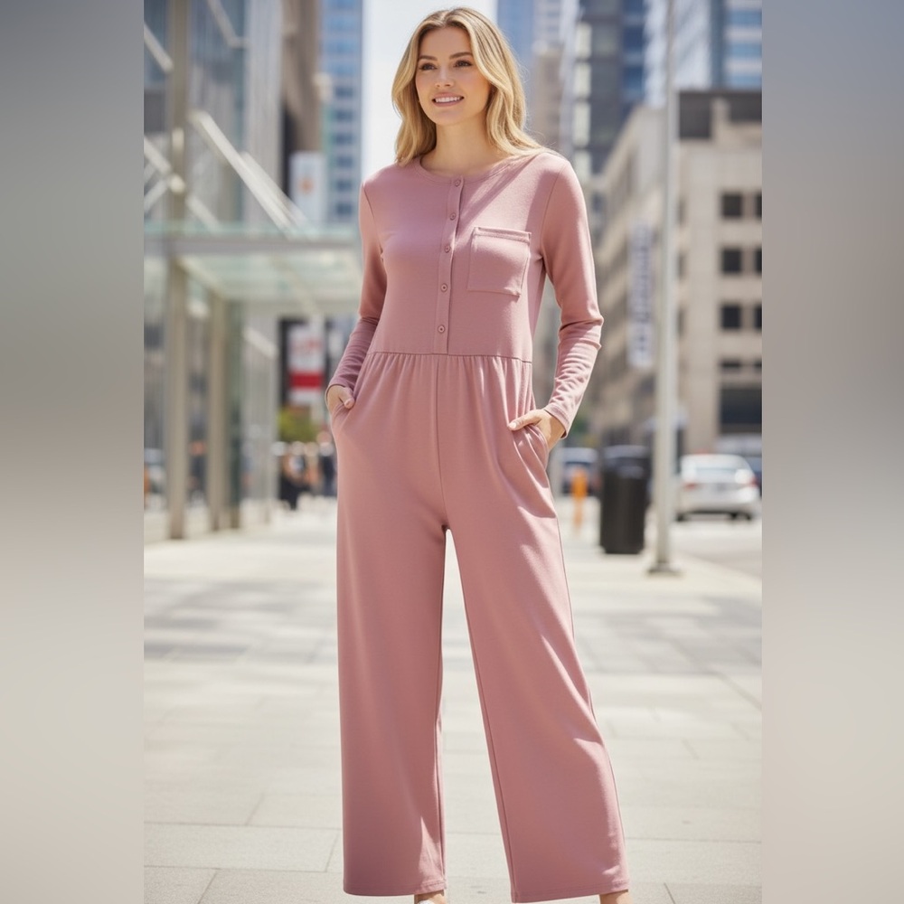 NEW Halara Dust Rose Wide Leg Pleated Long Sleeve Jumpsuit Size M oversized